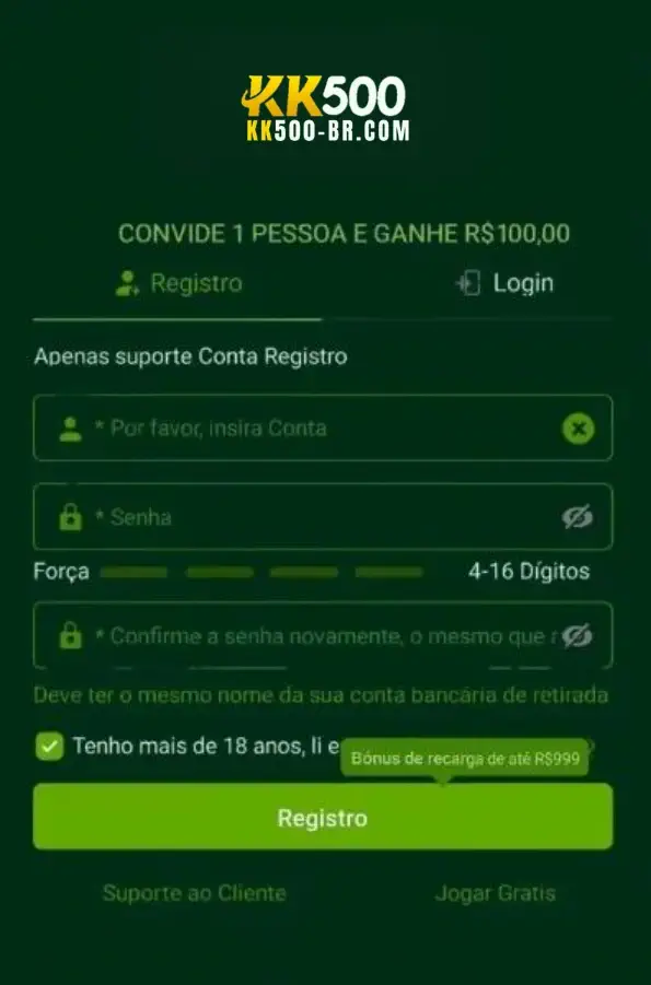 Formulário de registro no KK500 cassino